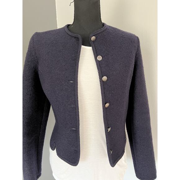 Geiger Austria Pure Boiled Wool Cardigan Women's 40 Blue Ornate Buttons Small - Picture 6 of 14